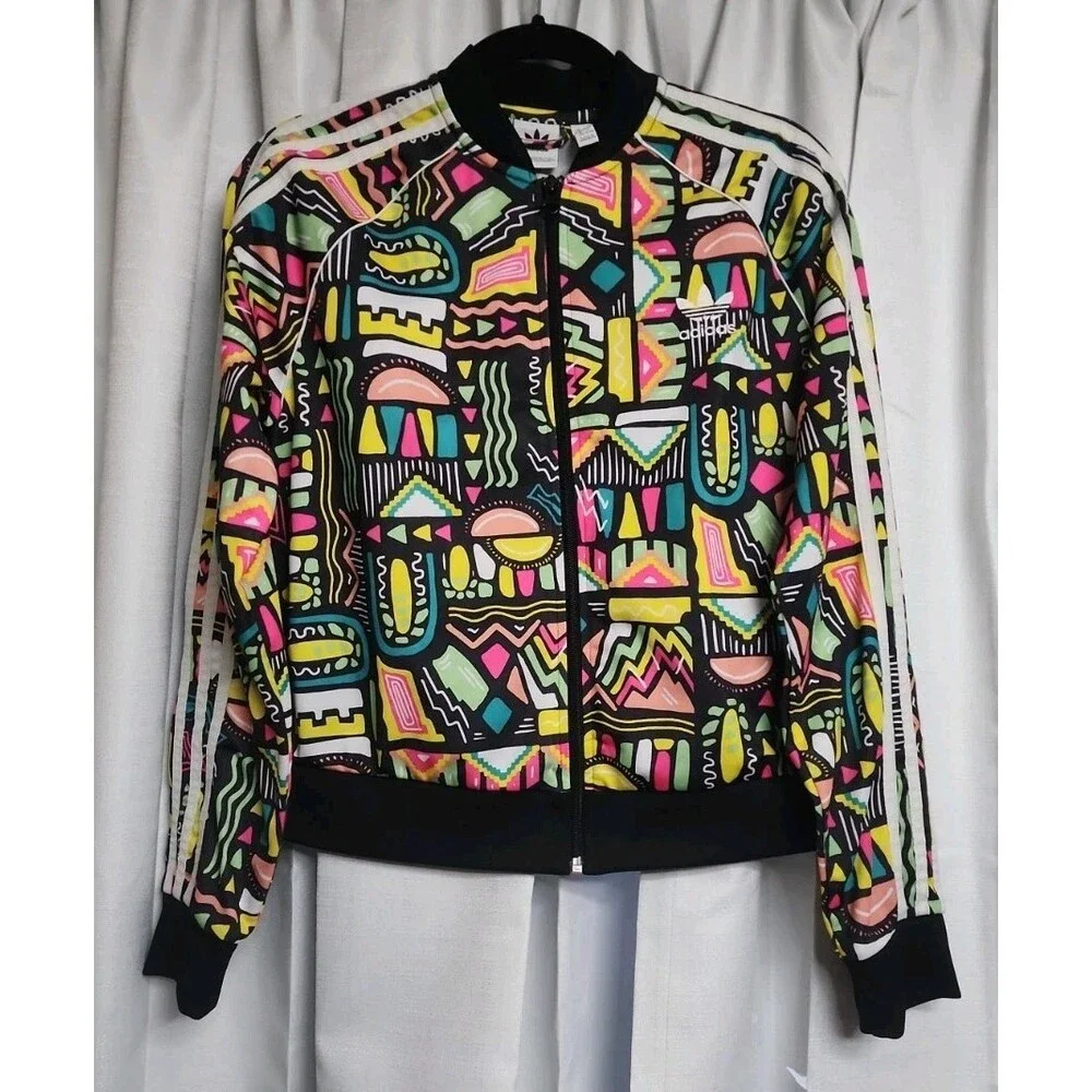 Adidas Full Zip Cropped Track Jacket 14-15Y XLarge Retro Loud Colorful 90s Print